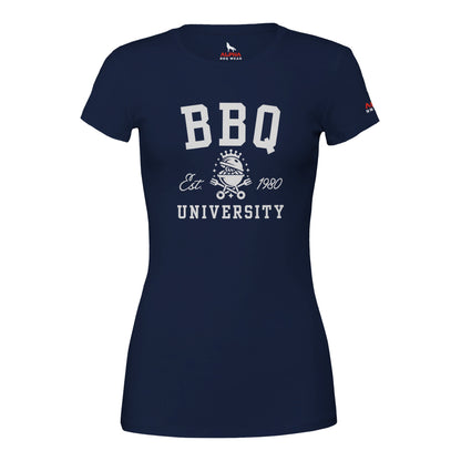 BBQ University T-Shirt Premium Womens Crewneck T-shirt Navy Alpha BBQ wear BBQ -apparel- BBQ tshirt -BBQ tee