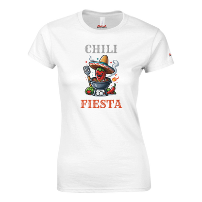 Chili fiesta Classic Womens Crewneck T-shirt White Alpha BBQ wear BBQ -apparel- BBQ tshirt -BBQ tee