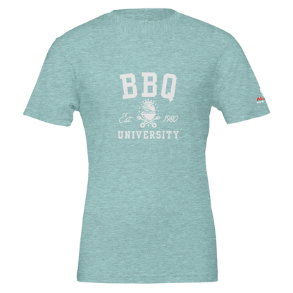 BBQ University T-Shirt Premium Unisex Crewneck T-shirt Heather Ice Blue Alpha BBQ wear BBQ -apparel- BBQ tshirt -BBQ tee