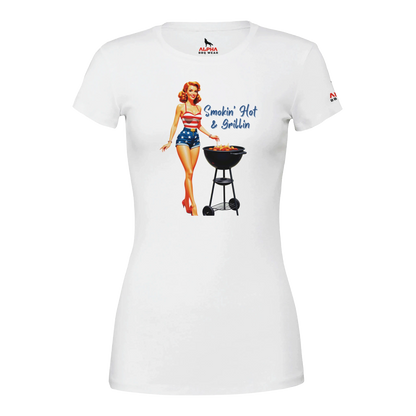 Pinup gril ‘Smokin’ Hot & GrillinPremium Womens Crewneck T-shirt White Alpha BBQ wear BBQ -apparel- BBQ tshirt -BBQ tee