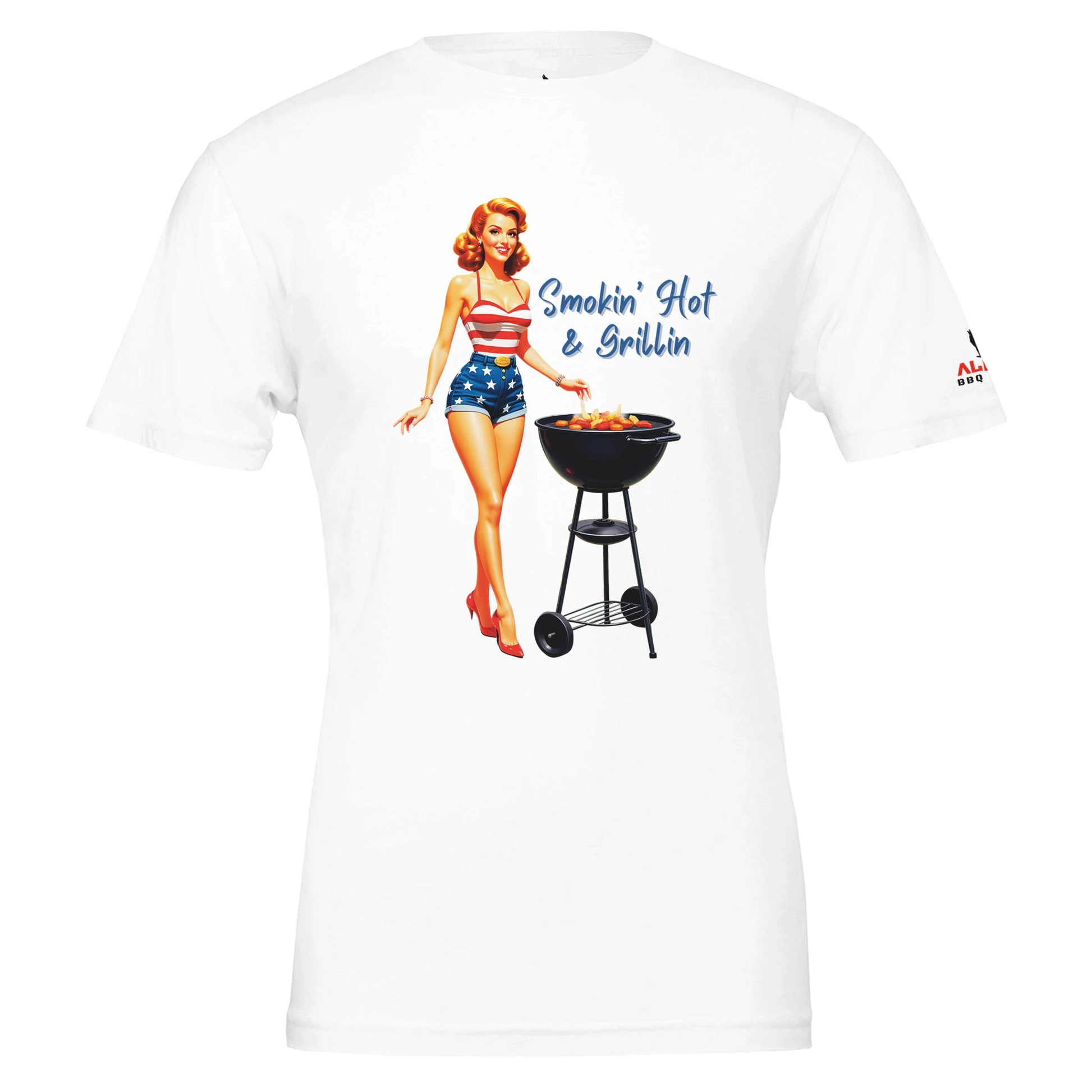 Pinup girl ‘Smokin’ Hot & Grillin’ T-shirt! Premium Unisex Crewneck T-shirt | White Alpha BBQ wear BBQ -apparel- BBQ tshirt -BBQ tee