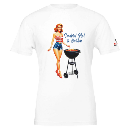 Pinup girl ‘Smokin’ Hot & Grillin’ T-shirt! Premium Unisex Crewneck T-shirt | White Alpha BBQ wear BBQ -apparel- BBQ tshirt -BBQ tee