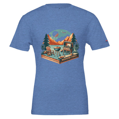 Weekend Vibes Premium Unisex Crewneck T-shirt | Heather Columbia Blue Alpha BBQ wear BBQ -apparel- BBQ tshirt -BBQ tee