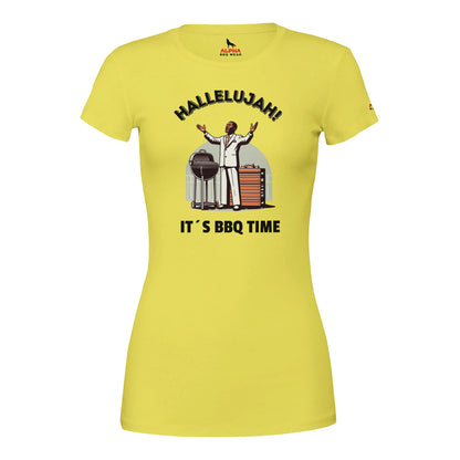 Hallelujah Premium Womens Crewneck T-shirt Yellow Alpha BBQ wear BBQ -apparel- BBQ tshirt -BBQ tee