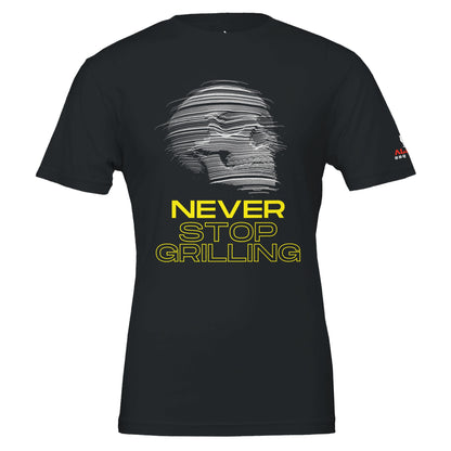 NEVER STOP GRILLING – Tee Premium Unisex Crewneck T-shirt Black Alpha BBQ wear BBQ -apparel- BBQ tshirt -BBQ tee