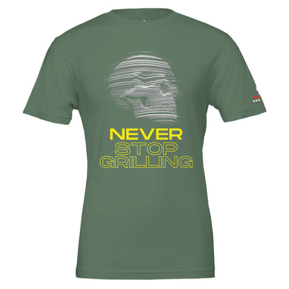 NEVER STOP GRILLING – Tee Premium Unisex Crewneck T-shirt Military Green Alpha BBQ wear BBQ -apparel- BBQ tshirt -BBQ tee
