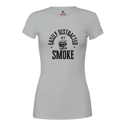 Easily Distracted by Smoke Premium Womens Crewneck T-shirt Silver Alpha BBQ wear BBQ -apparel- BBQ tshirt -BBQ tee