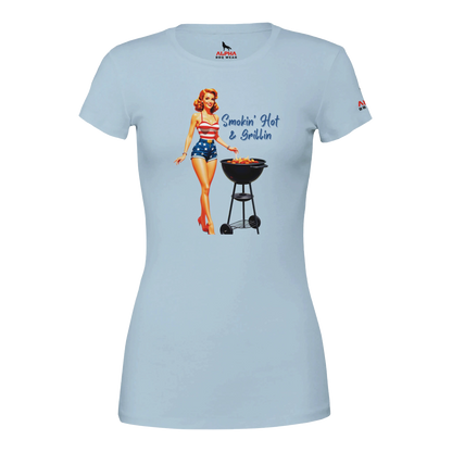 Pinup gril ‘Smokin’ Hot & GrillinPremium Womens Crewneck T-shirt Baby Blue Alpha BBQ wear BBQ -apparel- BBQ tshirt -BBQ tee