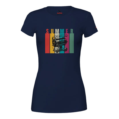 SUMMER BBQ Premium Womens Crewneck T-shirt Navy Alpha BBQ wear BBQ -apparel- BBQ tshirt -BBQ tee