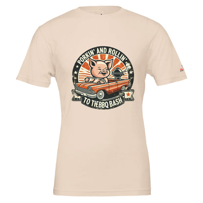 Porking and Rolling to the BBQ Bash Premium Unisex Crewneck T-shirt Soft Pink Alpha BBQ wear BBQ -apparel- BBQ tshirt -BBQ tee
