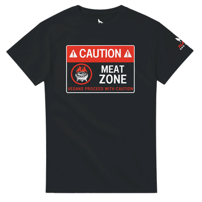 DANGER: Meat Zone – Vegans Proceed with Caution Heavyweight Unisex Crewneck T-shirt Black Alpha BBQ wear BBQ -apparel- BBQ tshirt -BBQ tee