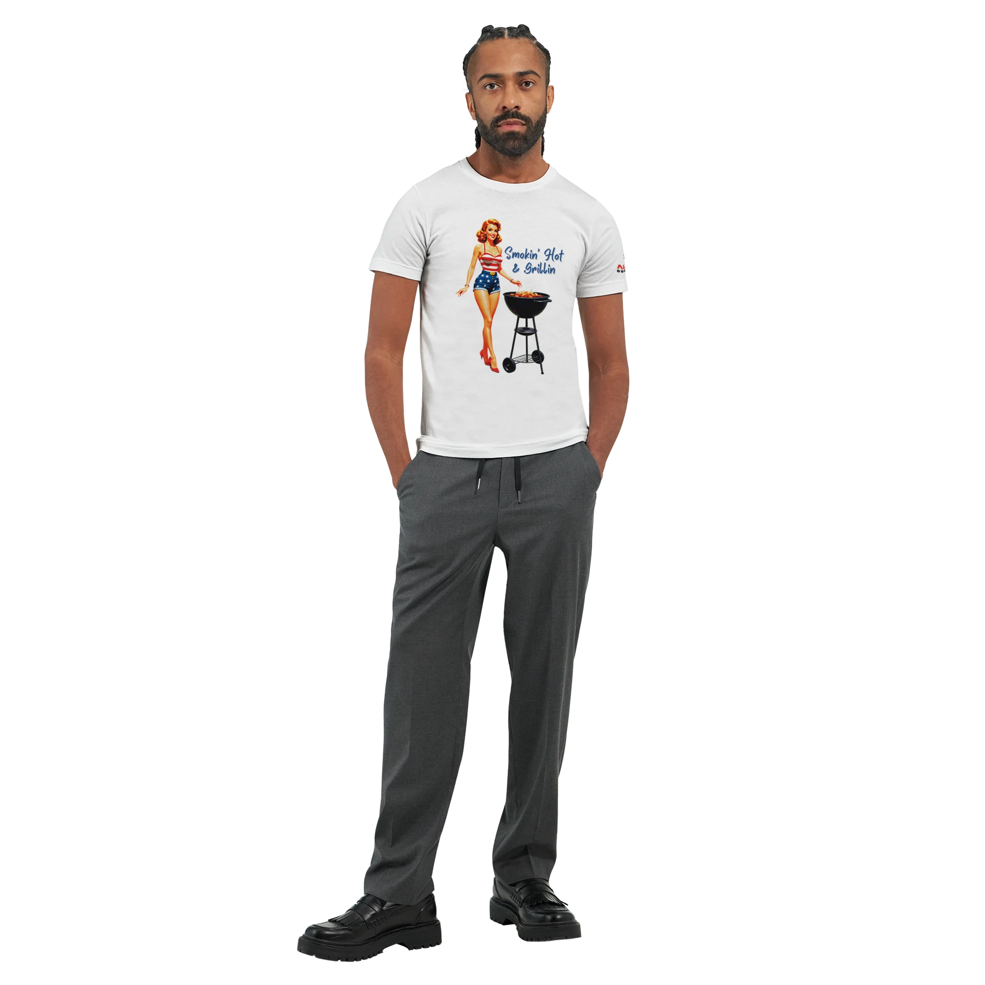 Pinup girl ‘Smokin’ Hot & Grillin’ T-shirt! Premium Unisex Crewneck T-shirt | Alpha BBQ wear BBQ -apparel- BBQ tshirt -BBQ tee