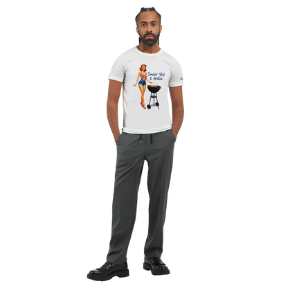 Pinup girl ‘Smokin’ Hot & Grillin’ T-shirt! Premium Unisex Crewneck T-shirt | Alpha BBQ wear BBQ -apparel- BBQ tshirt -BBQ tee