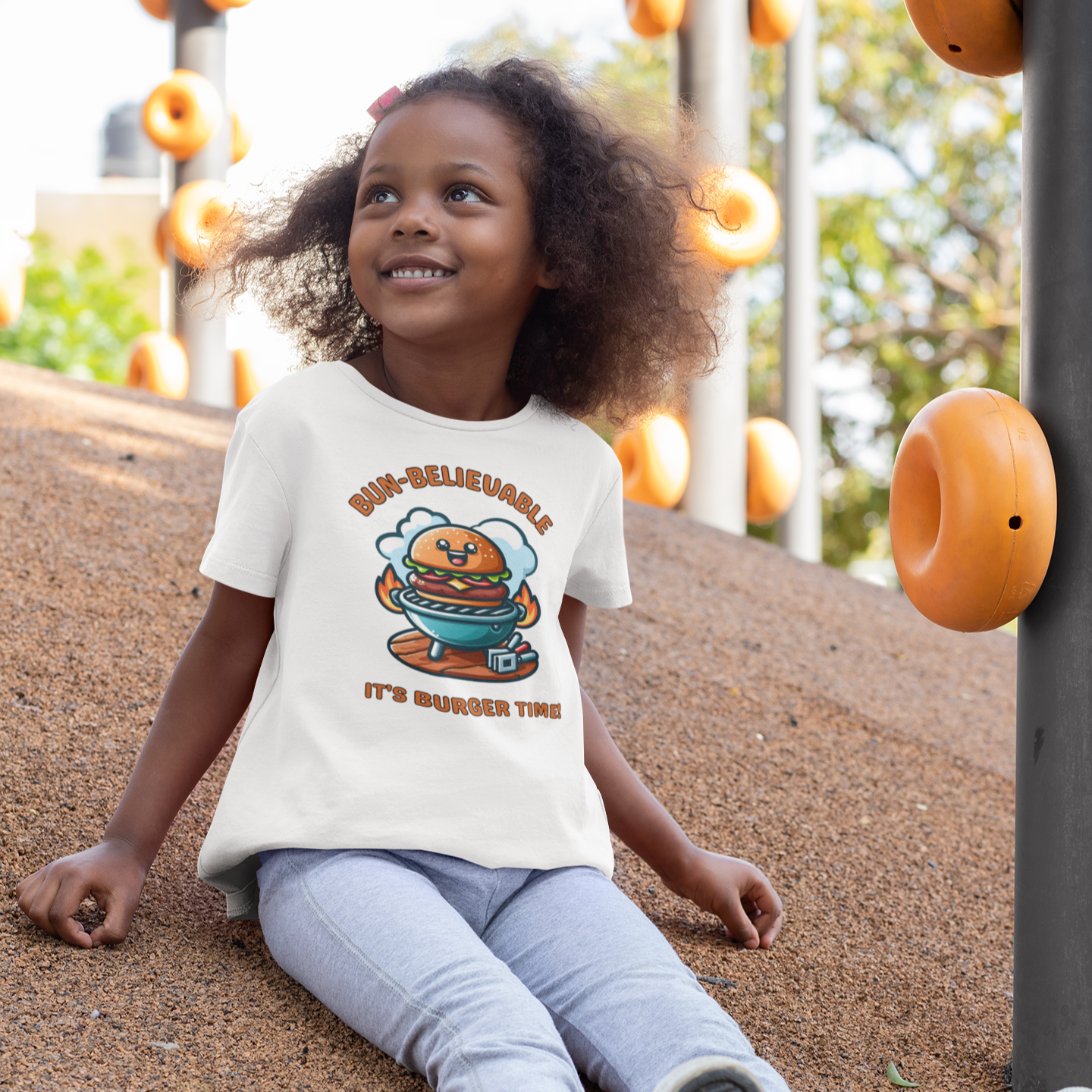 Child sitting on a playground with a t-shirt featuring a burger graphic
