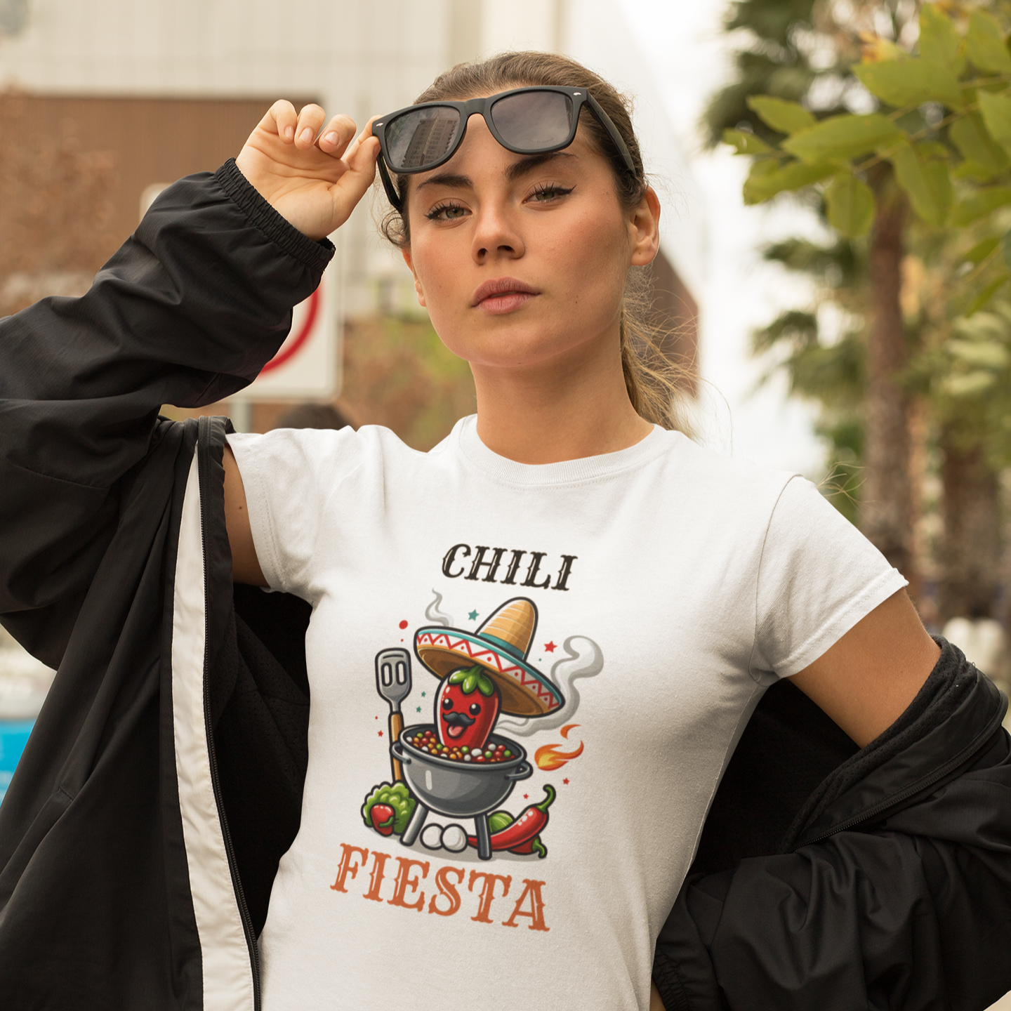 Person wearing a white t-shirt with a chili pepper graphic and text, standing outdoors. Alpha bbqwear